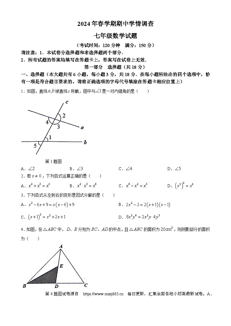 09，江苏省泰州市姜堰区2023-2024学年七年级下学期期中数学试题(无答案)第1页