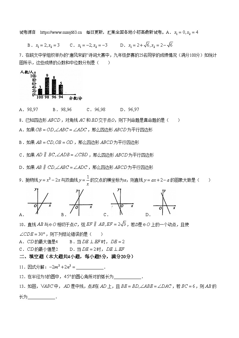 21，2024年安徽省阜阳市名校联考中考三模数学试题(无答案)第2页