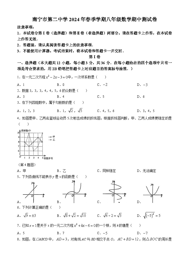 05，广西壮族自治区南宁市青秀区第二中学2023-2024学年八年级下学期期中数学试题(无答案)01