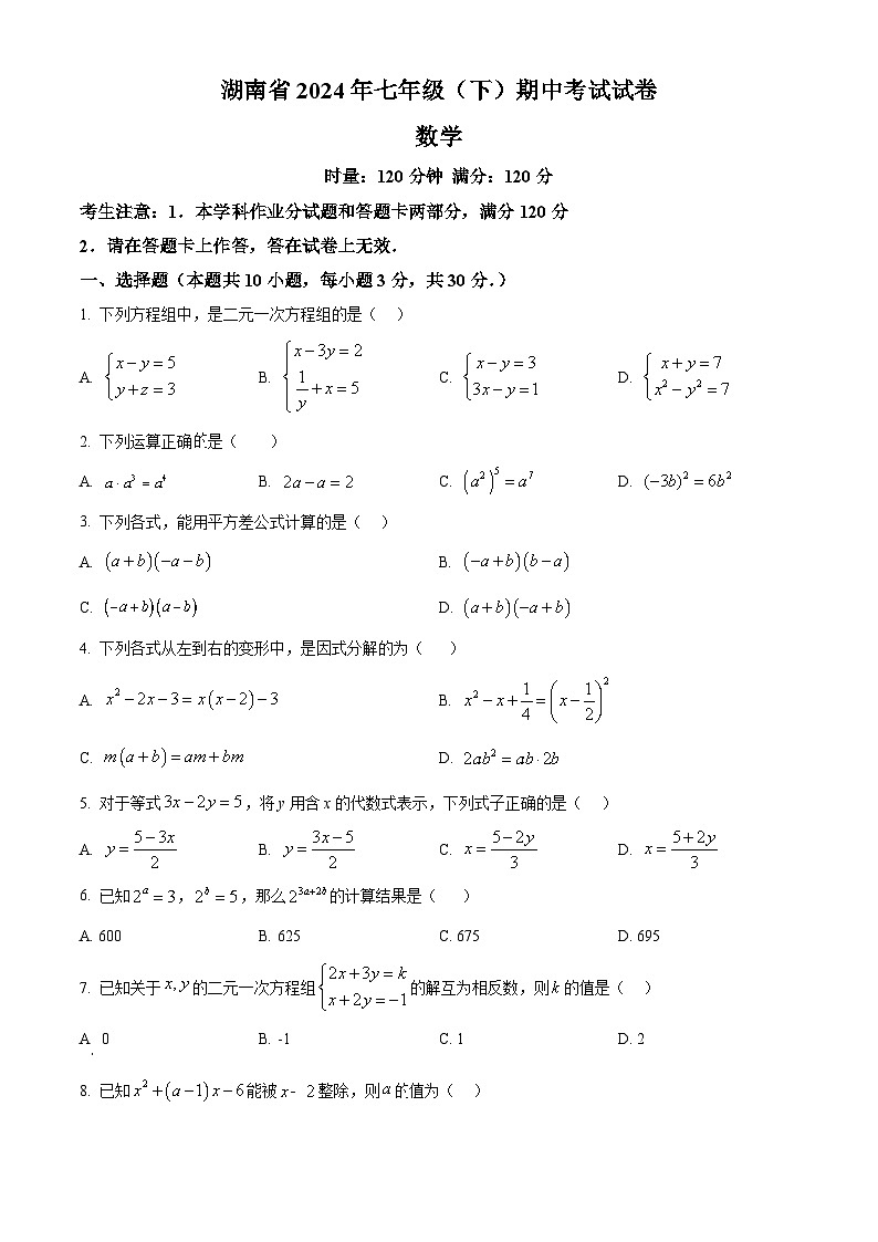 湖南省郴州市嘉禾县塘村镇中学2023-2024学年七年级下学期期中数学试题（原卷版+解析版）01