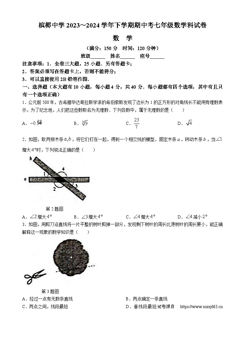 13，福建省厦门市槟榔中学2023-2024学年七年级下学期期中数学试题(无答案)01