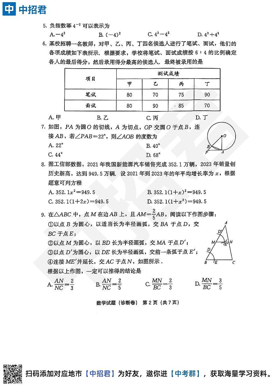 【数学试卷+答案】2023-2024学年第二学期初中毕业年级模拟考试·诊断卷第2页