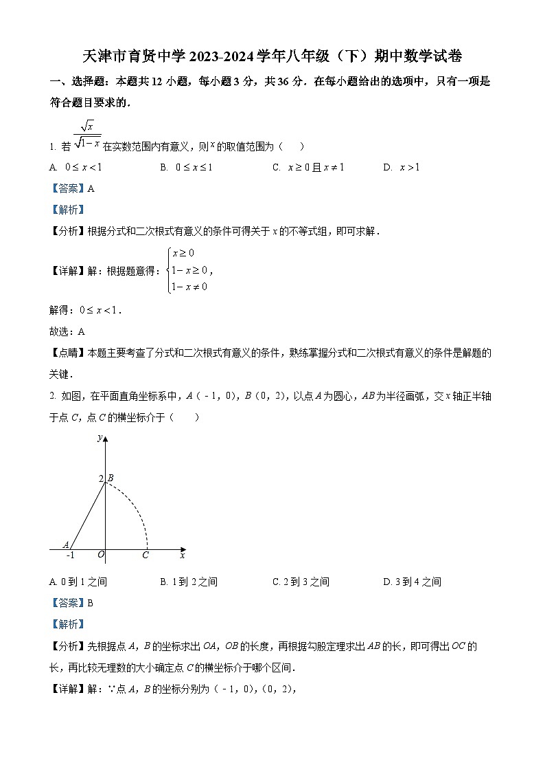 天津市育贤中学2023-2024学年八年级下学期期中数学试题（解析版）第1页