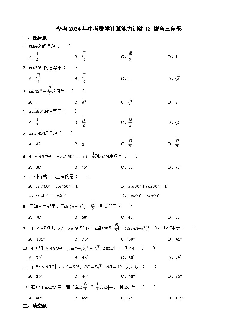 备考2024年中考数学计算能力训练13 锐角三角形01