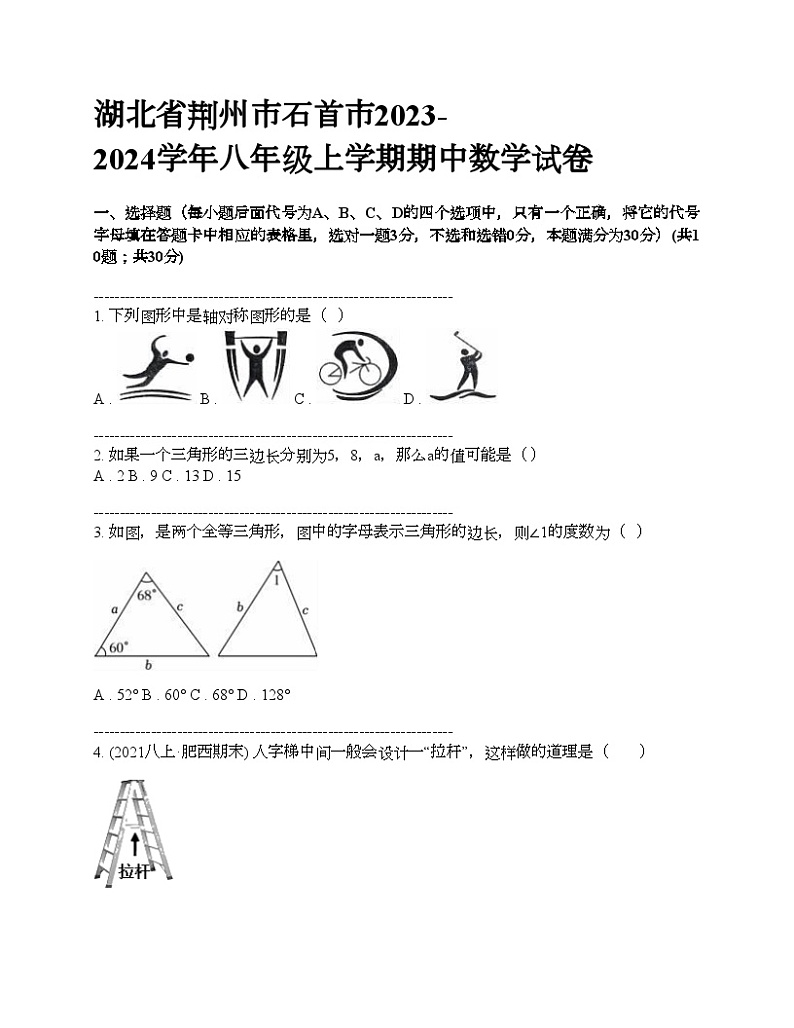 湖北省荆州市石首市2023-2024学年八年级上学期期中数学试卷第1页