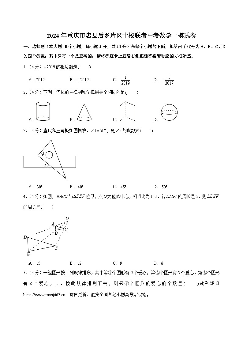 2024年重庆市忠县后乡片区十校联考中考一模数学试卷01