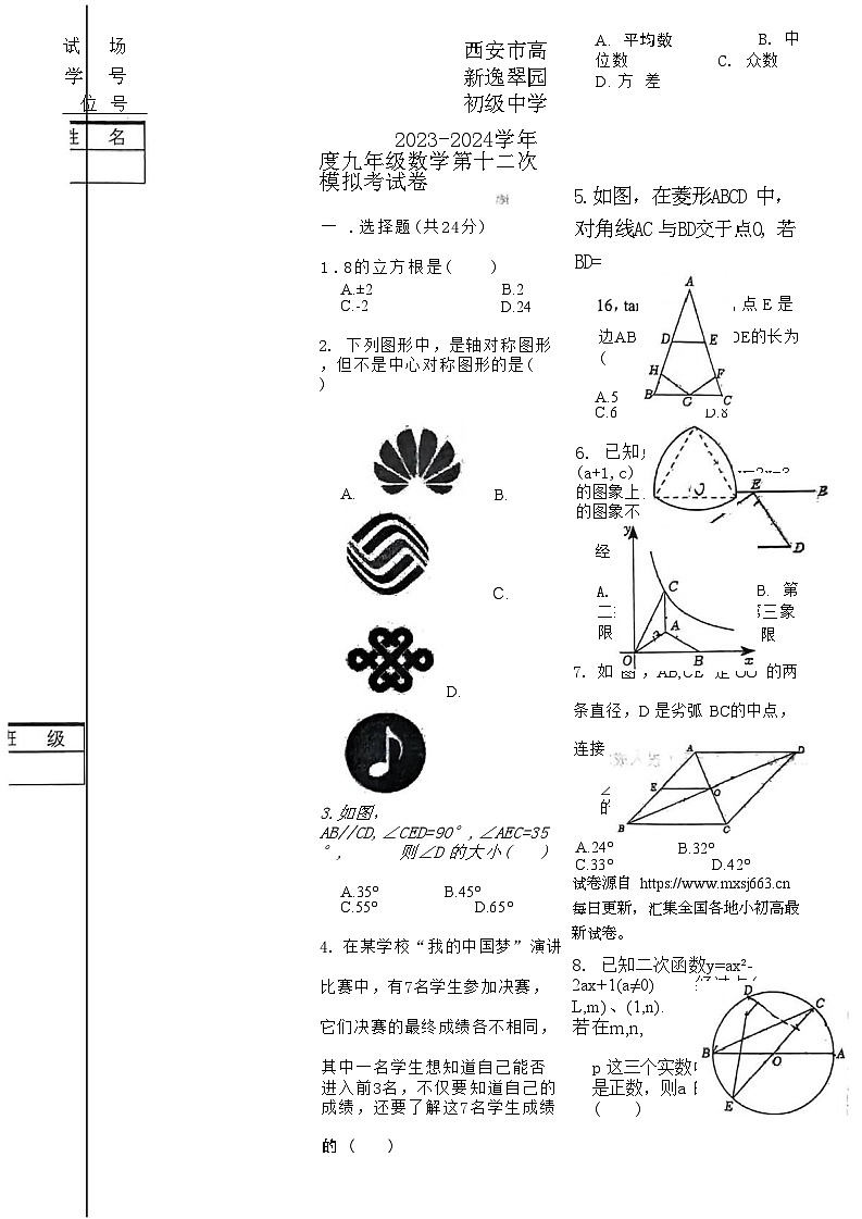 陕西省西安市高新逸翠园初级中学2023-2024学年九年级下学期第十二次中考模拟考试数学试卷第1页