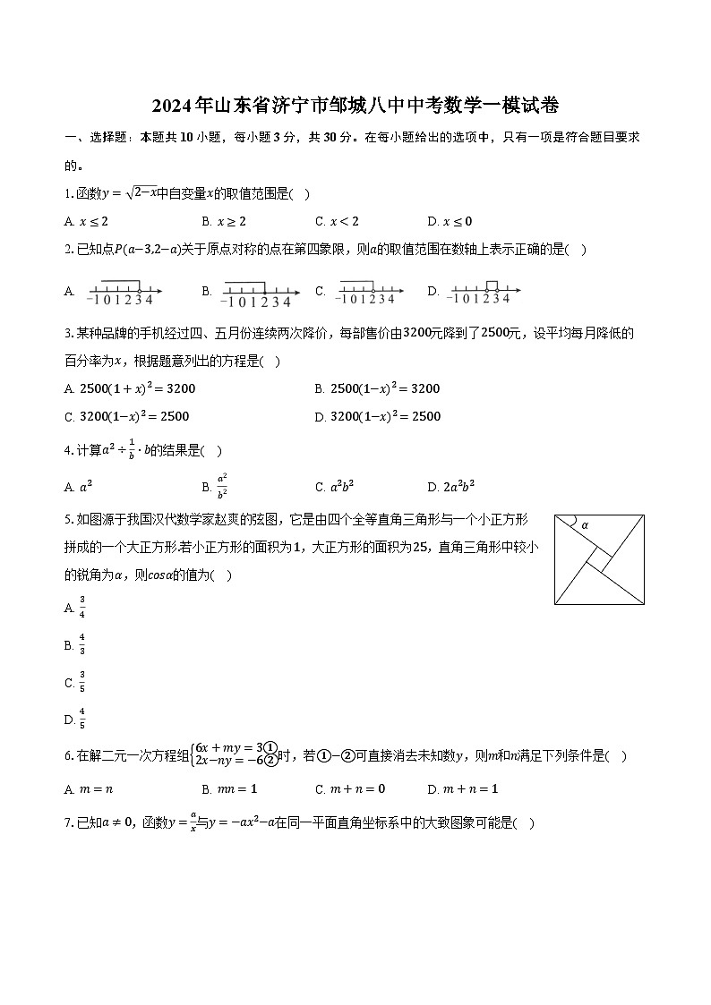 2024年山东省济宁市邹城市第八中学九年级中考数学一模试卷第1页