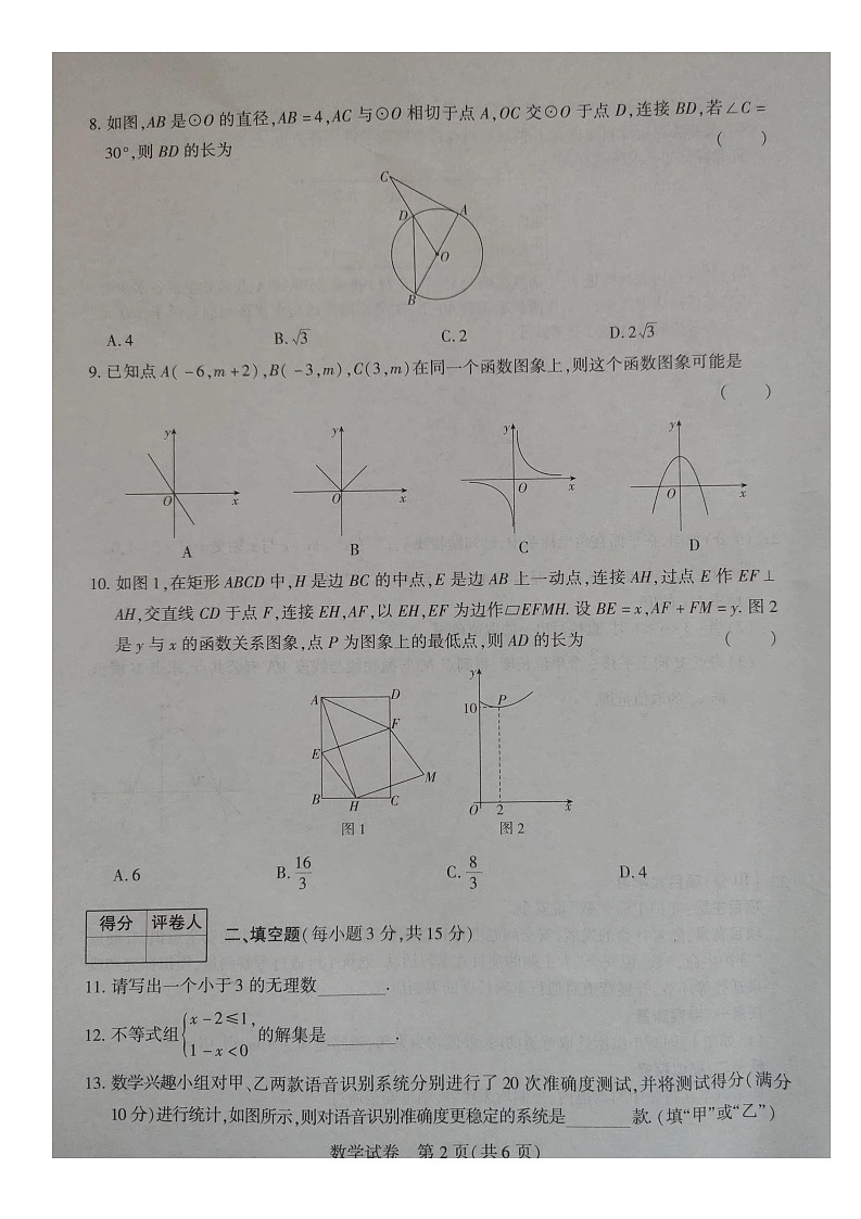 2024年河南省漯河市临颍县中考一模数学试题第2页