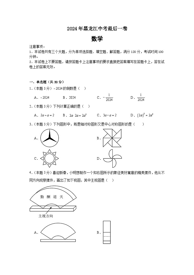 2024年黑龙江省九年级中考数学最后一卷01