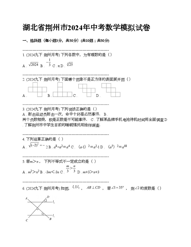 湖北省荆州市2024年中考数学模拟试卷01