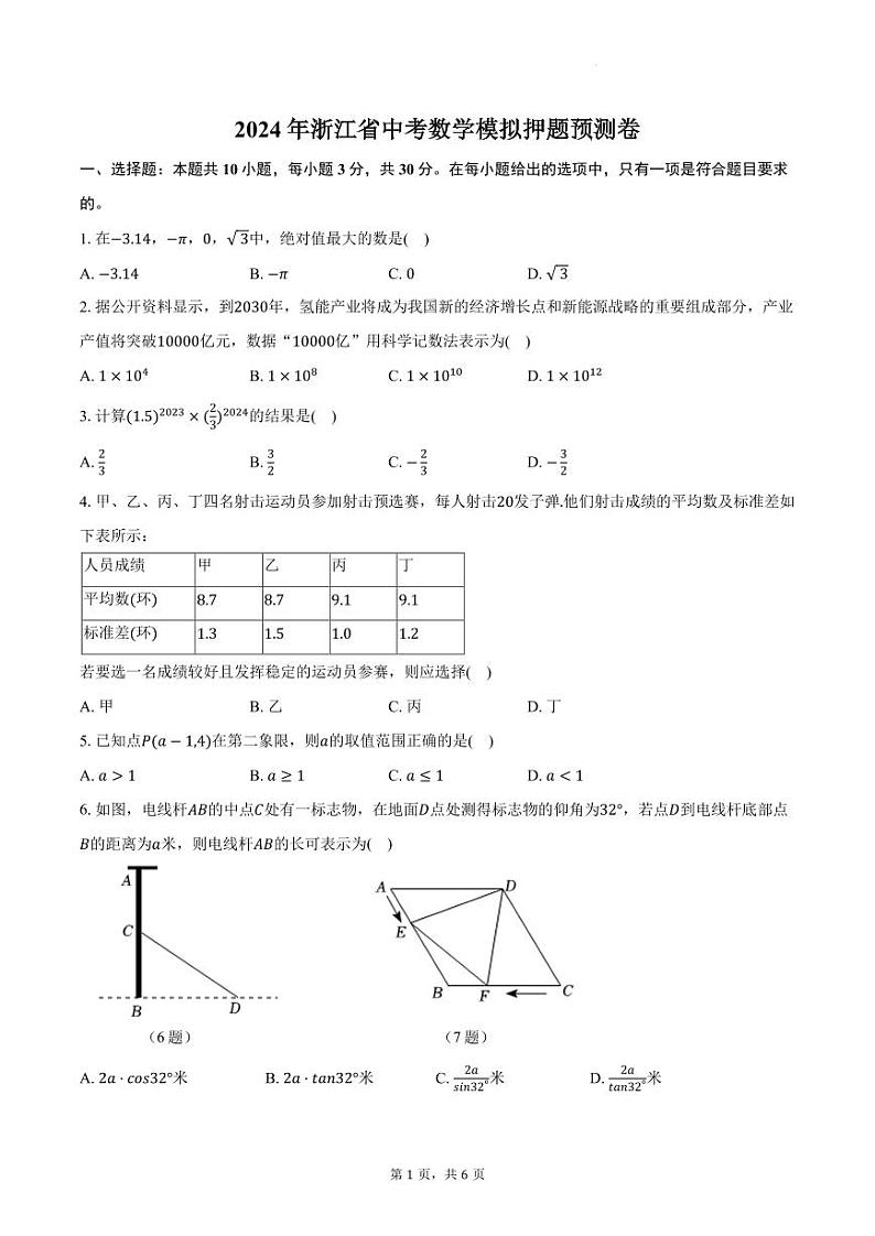 2024年浙江省中考数学模拟押题预测卷第1页