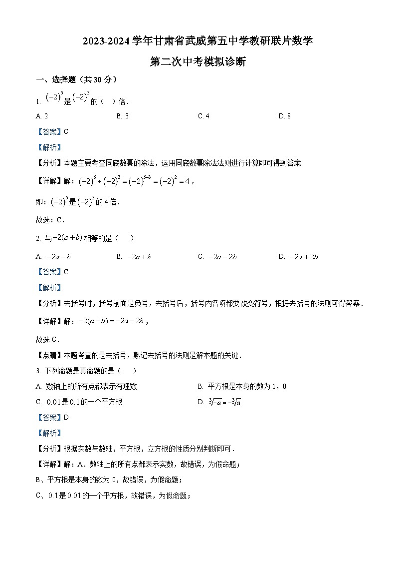 2024年甘肃省武威市凉州区第五中学教研联片中考二模数学试题（解析版）第1页