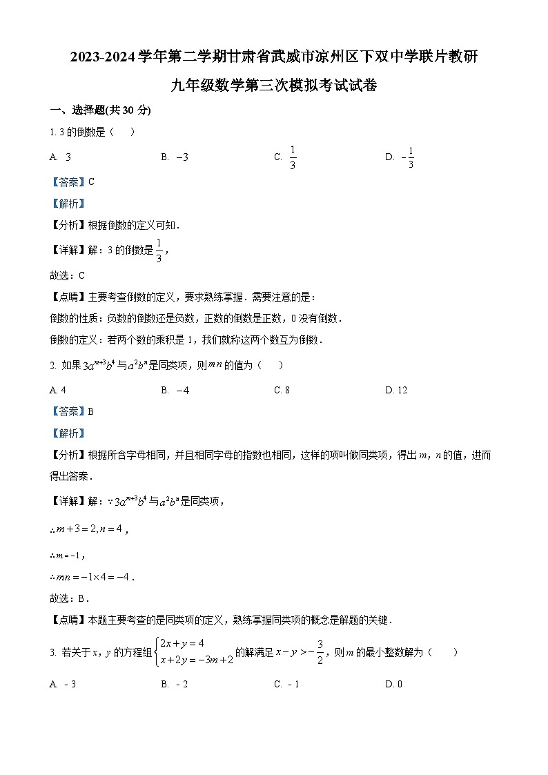 2024年甘肃省武威市凉州区下双中学联片教研九年级数学第三次模拟试题（解析版）第1页
