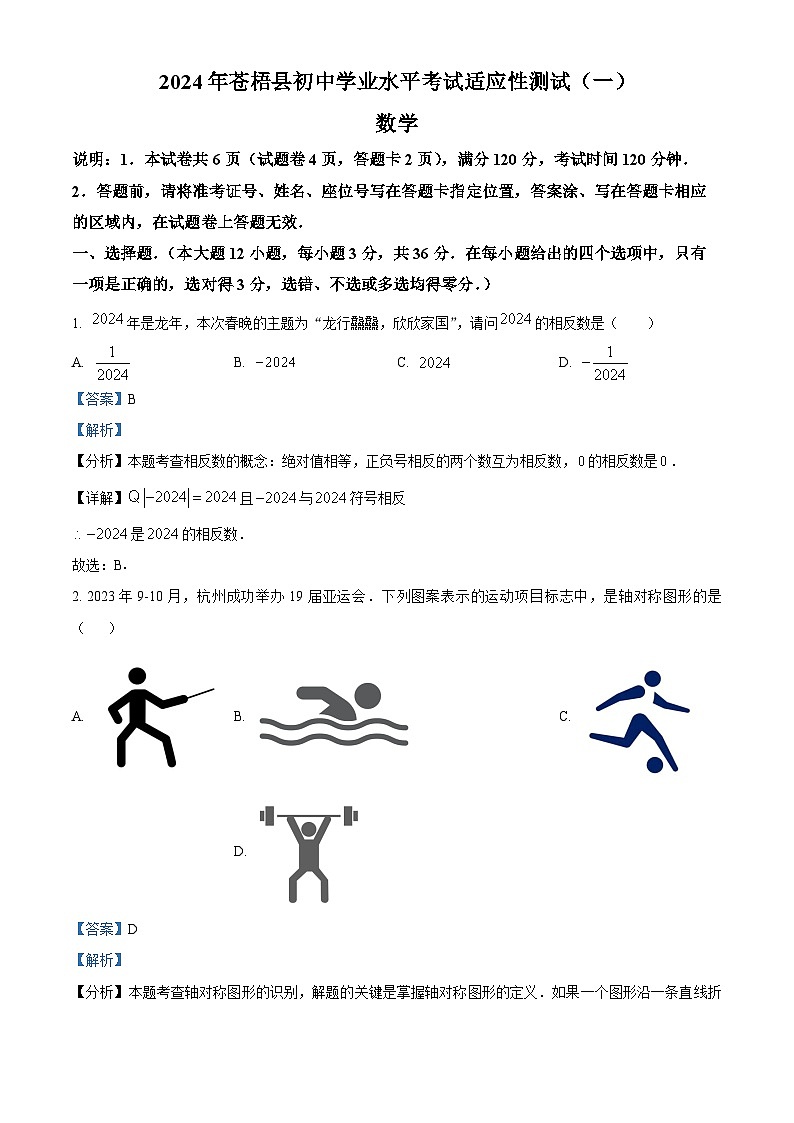 2024年广西梧州市苍梧县初中学业水平考试适应性测试数学（一模）试题（解析版）第1页