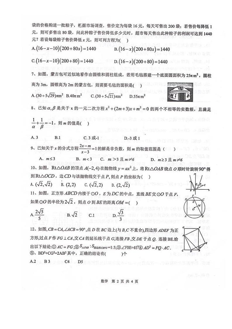 四川省绵阳市江油市2024届九年级下学期中考一模数学试卷(含答案)第2页