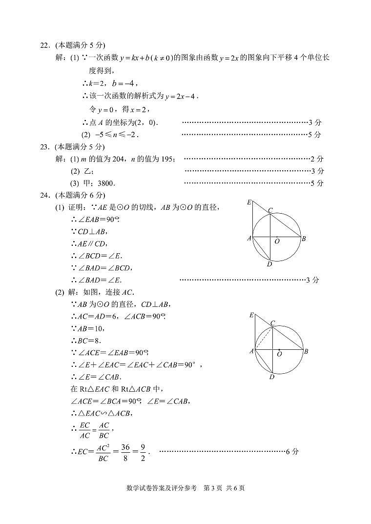 2024年北京市燕山区中考数学一模试卷-参考答案第3页