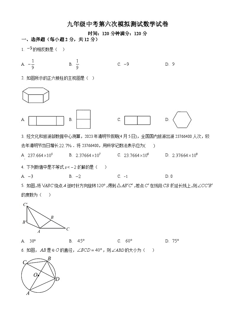 2023年吉林省白城市大安市乐胜乡中学校中考九年级第六次模拟考试 数学模拟预测题（原卷版+解析版）01