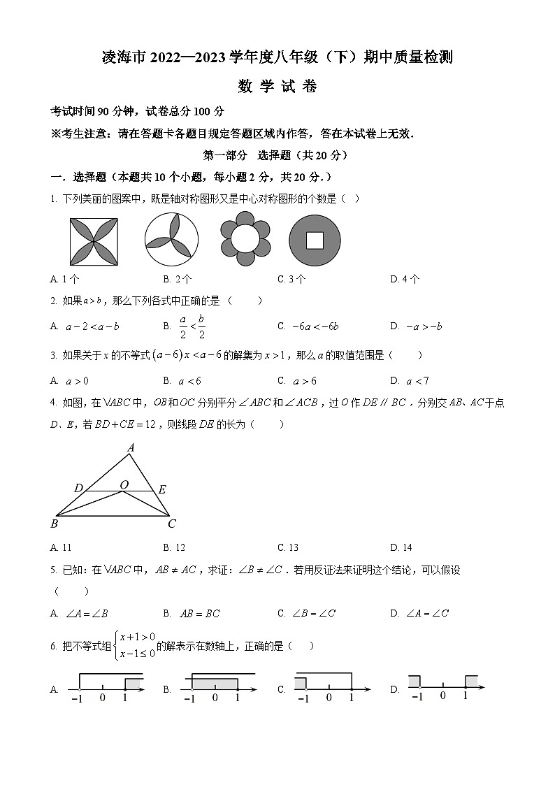 辽宁省锦州市凌海市2023-2024学年八年级下学期期中数学试题（原卷版）第1页