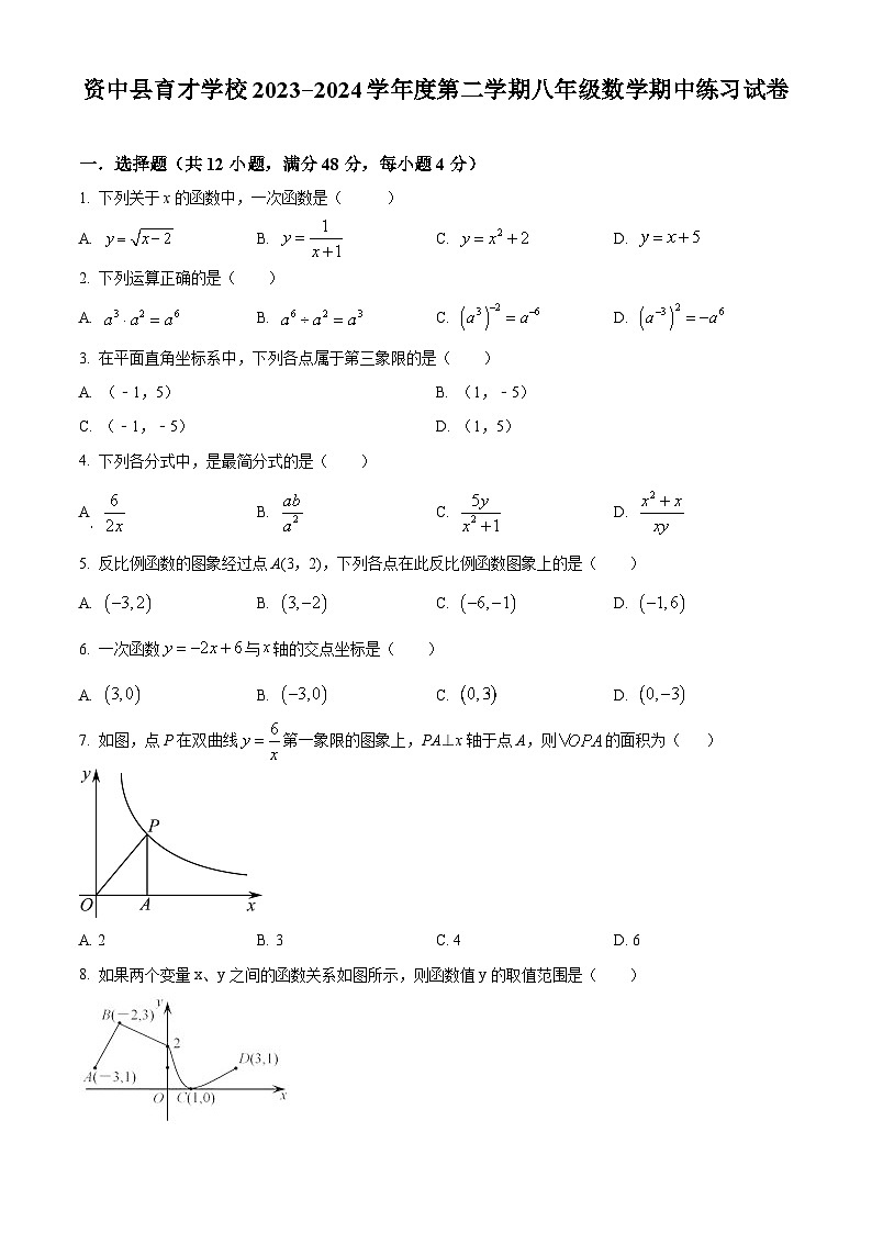 四川省内江市资中县育才学校2023-2024学年八年级下学期期中数学试题（原卷版+解析版）01