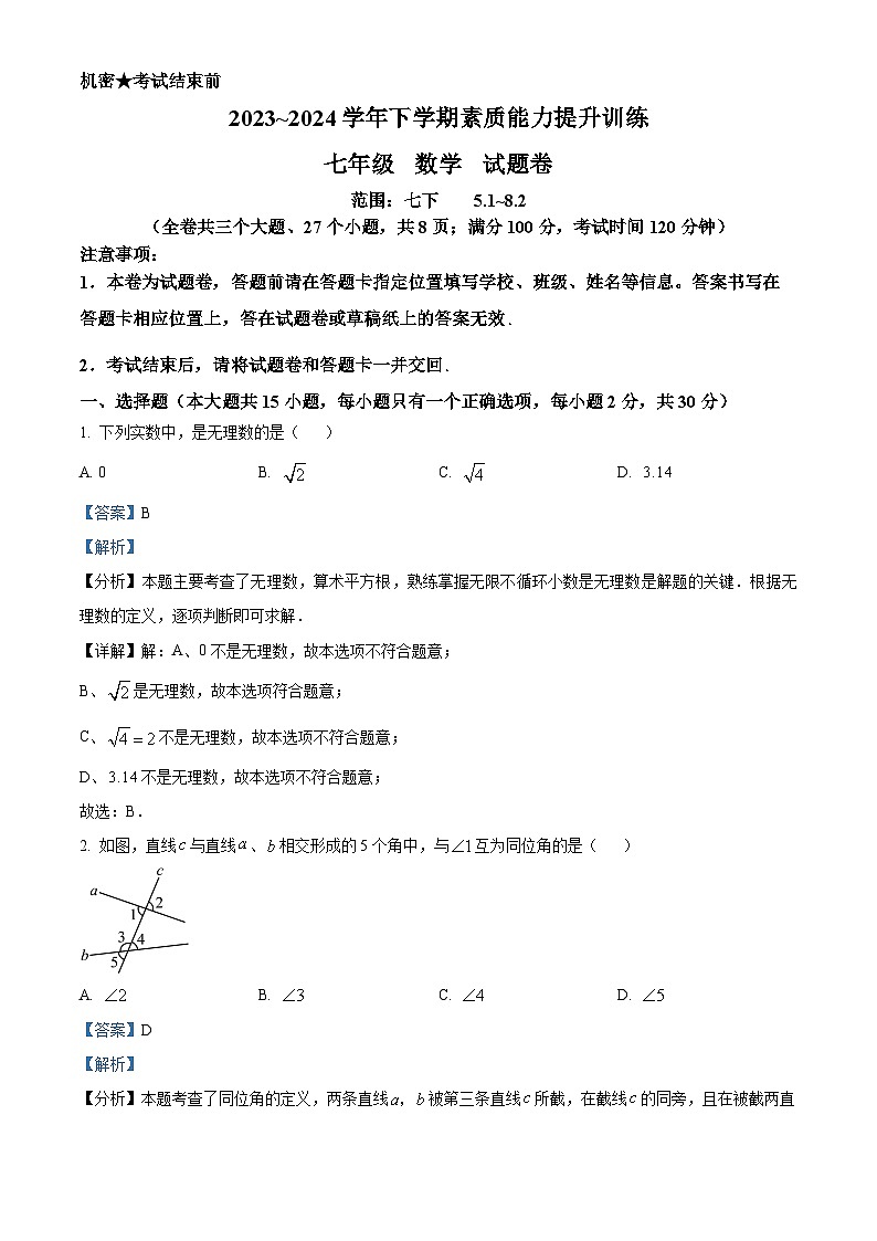云南省昭通市绥江县2023-2024学年七年级下学期5月期中数学试题（解析版）第1页