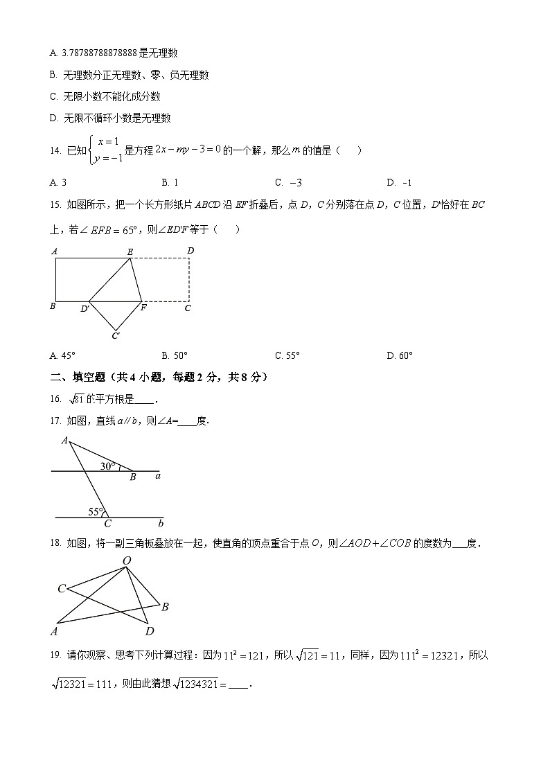 云南省玉溪市玉溪第八中学2023-2024学年七年级下学期期中数学试题（原卷版）第3页