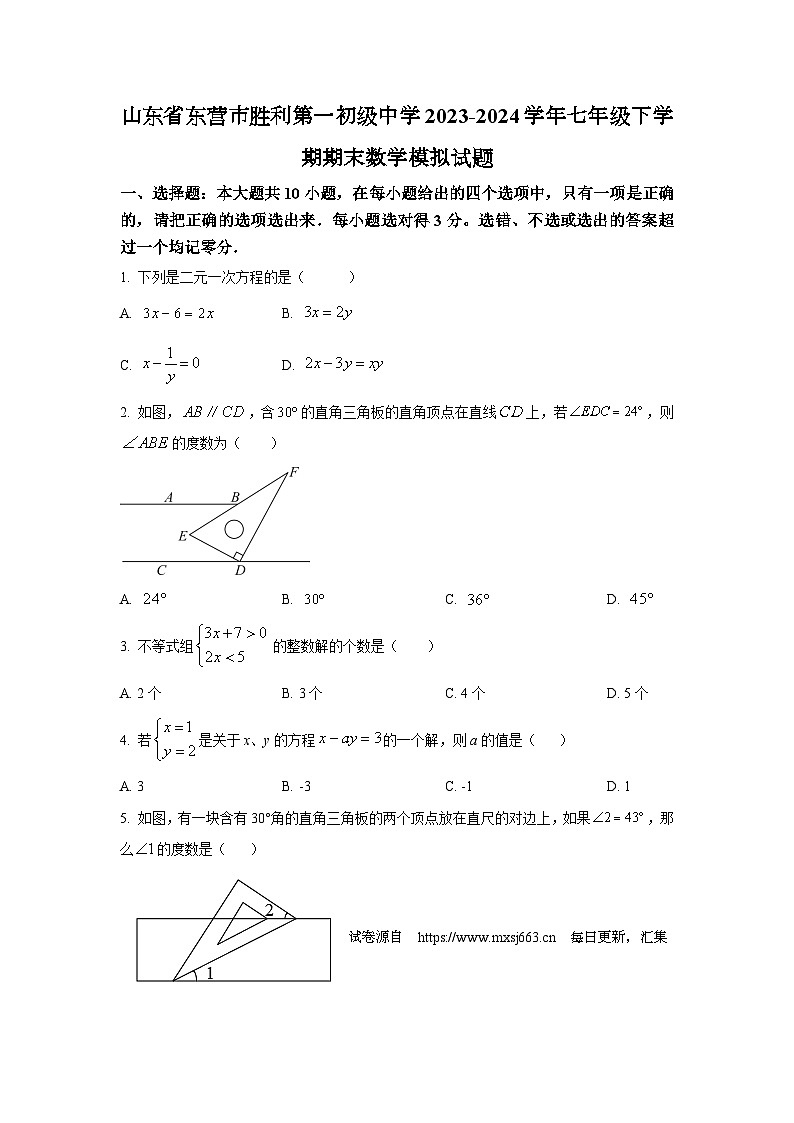 19，山东省东营市胜利第一初级中学2023-2024学年七年级下学期期末数学模拟试题第1页
