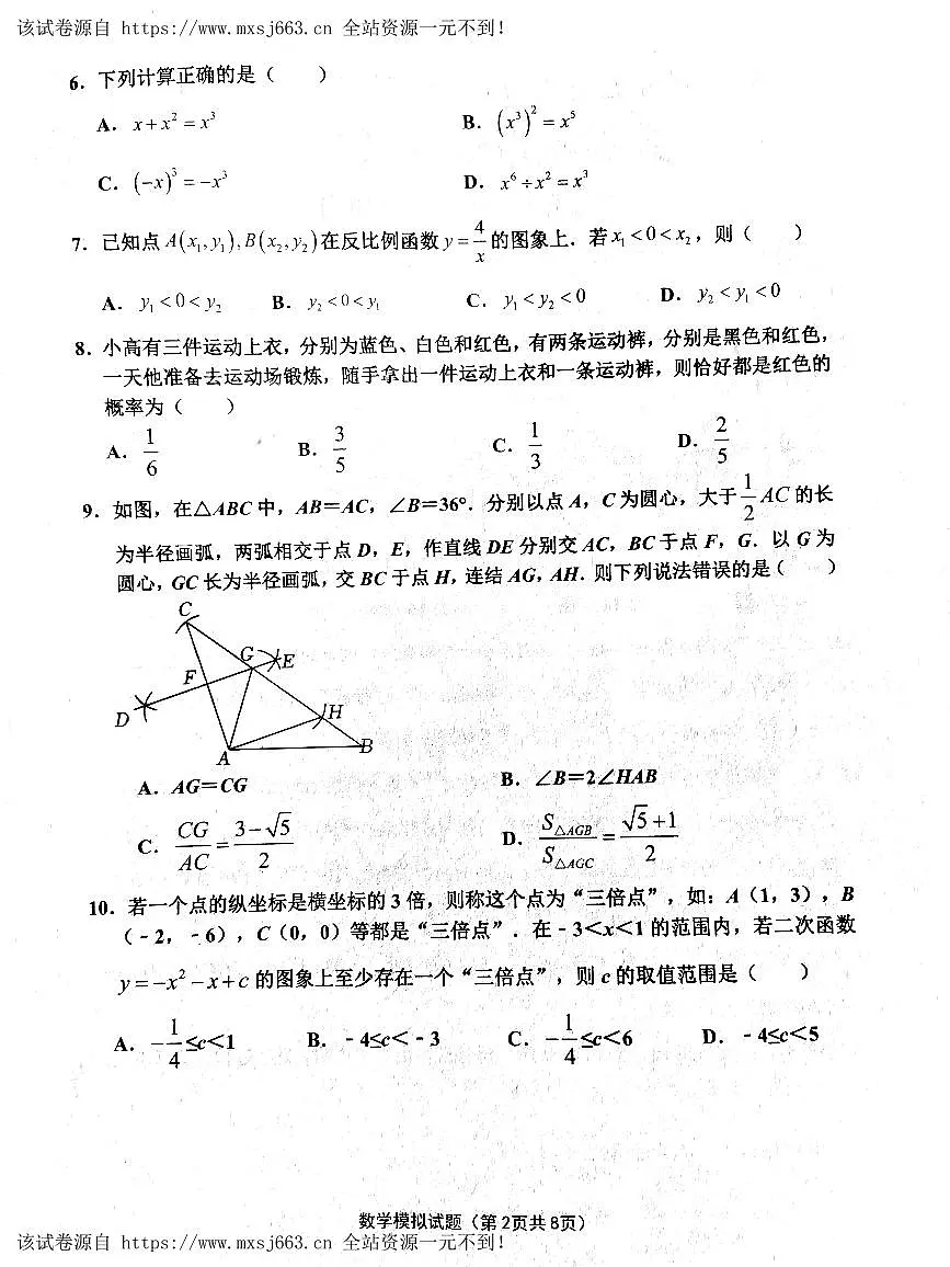 2024年山东省济南市章丘区 九年级数学中考二模数学试卷第2页