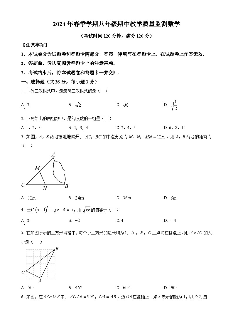 广西壮族自治区防城港市上思县2023-2024学年八年级下学期期中数学试题（原卷版）第1页