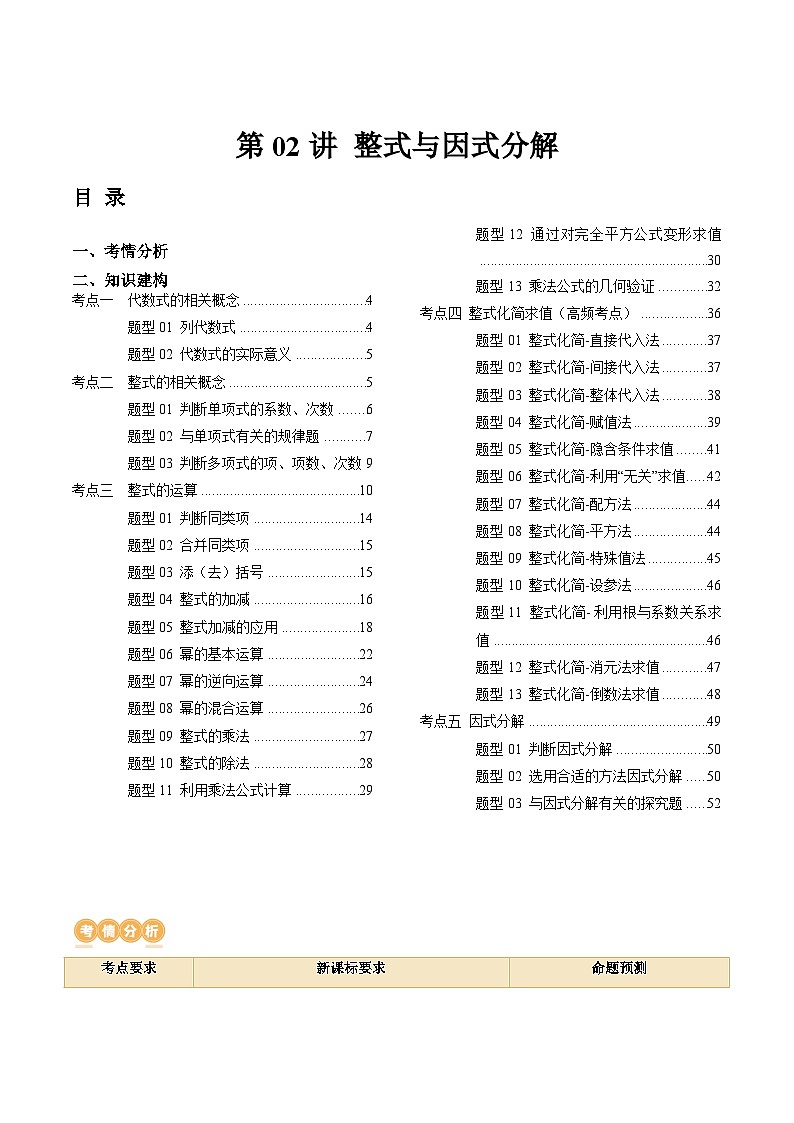 2024年中考数学复习讲义 第02讲 整式与因式分解(含答案)第1页