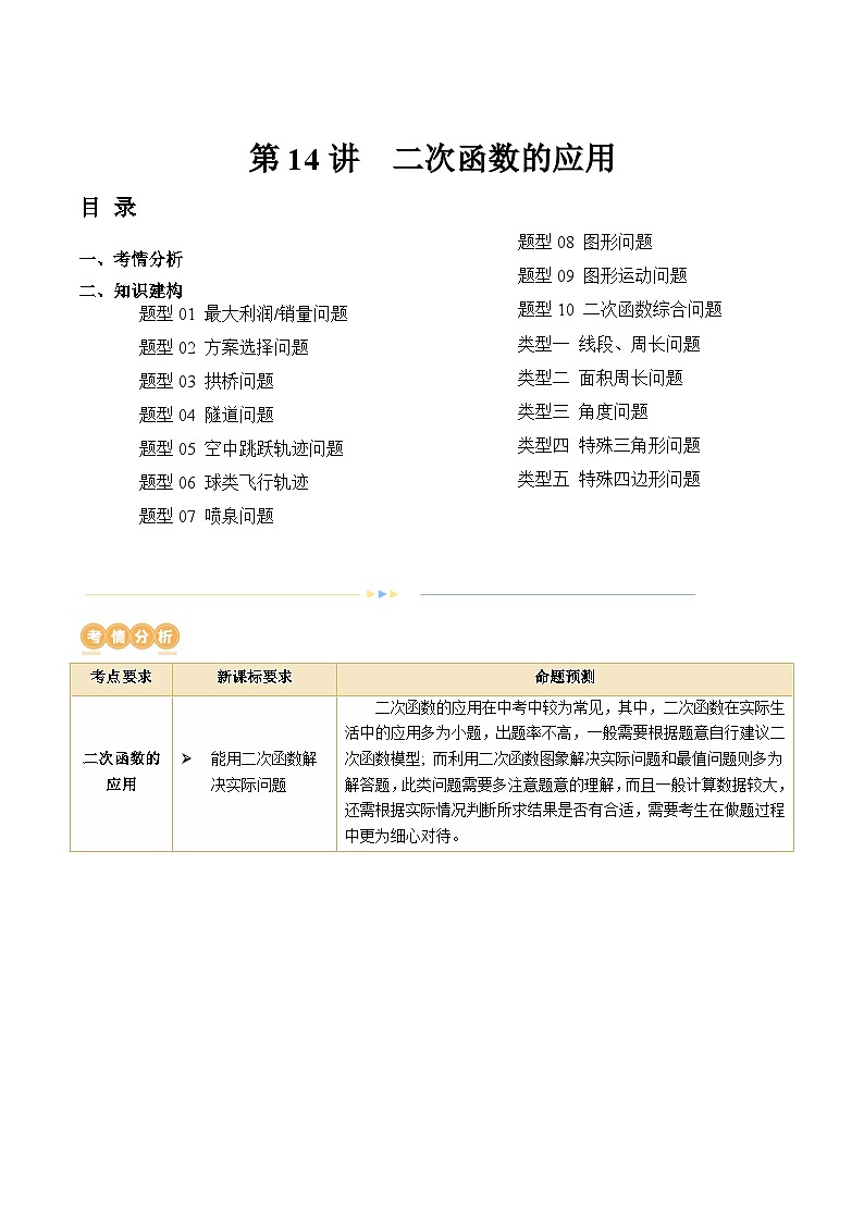 2024年中考数学复习讲义 第14讲 二次函数的应用(含答案)第1页