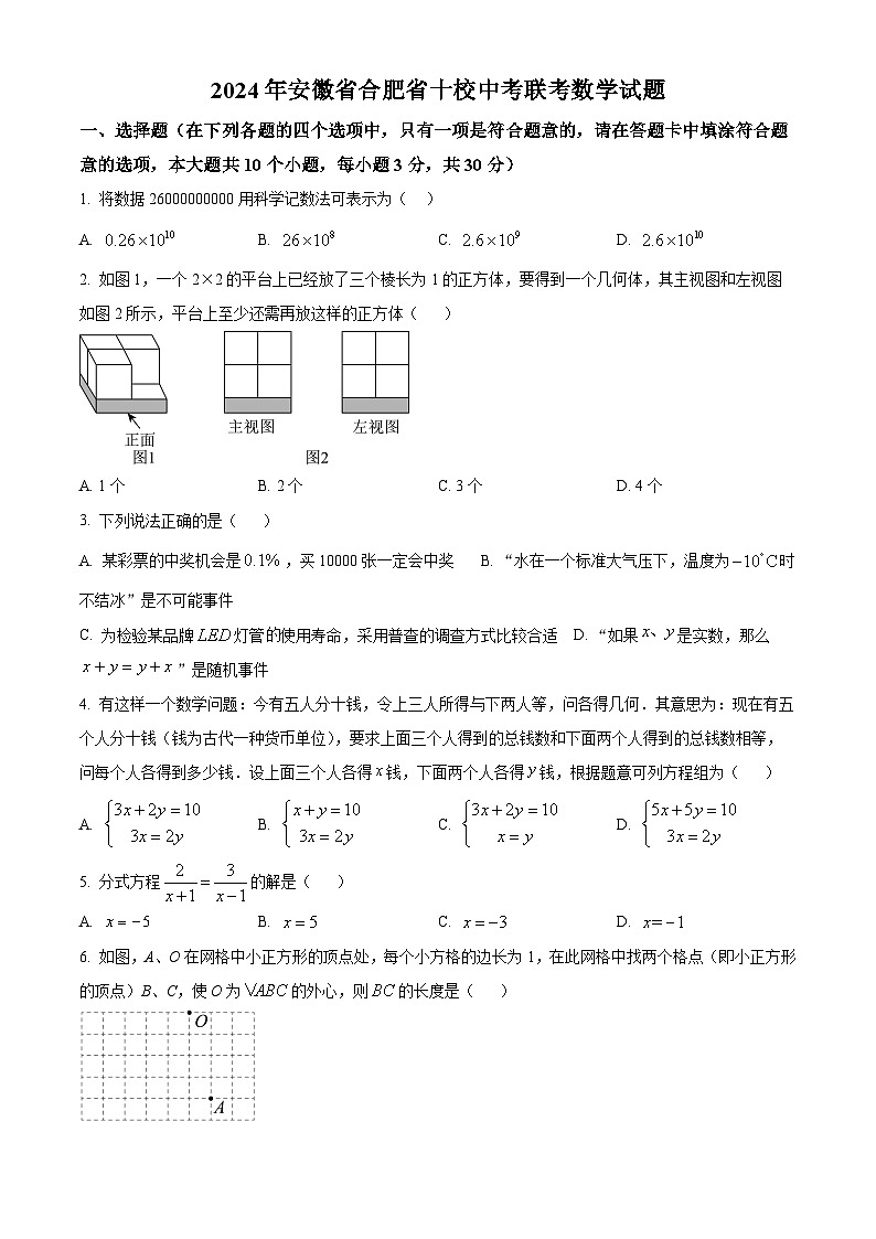 2024年安徽省合肥省十校中考联考数学试题（原卷版+解析版）01