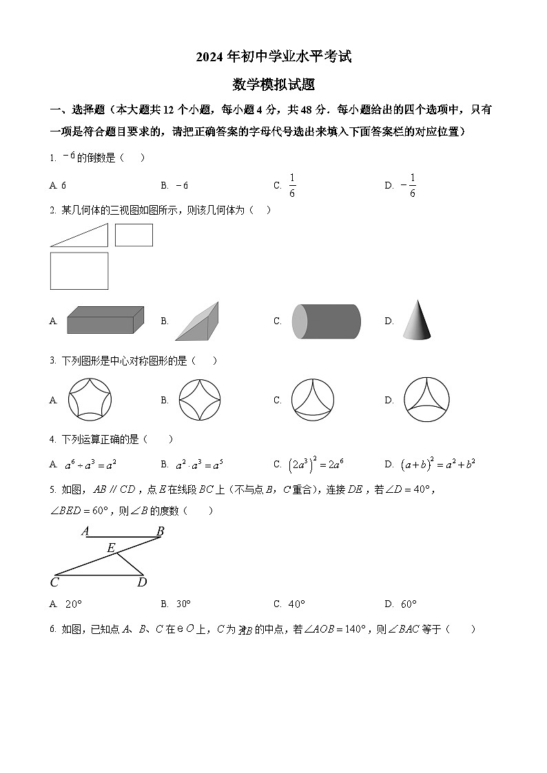 2024年山东省泰安市泰山区初中学业水平测试九年级数学一模试题（原卷版）第1页
