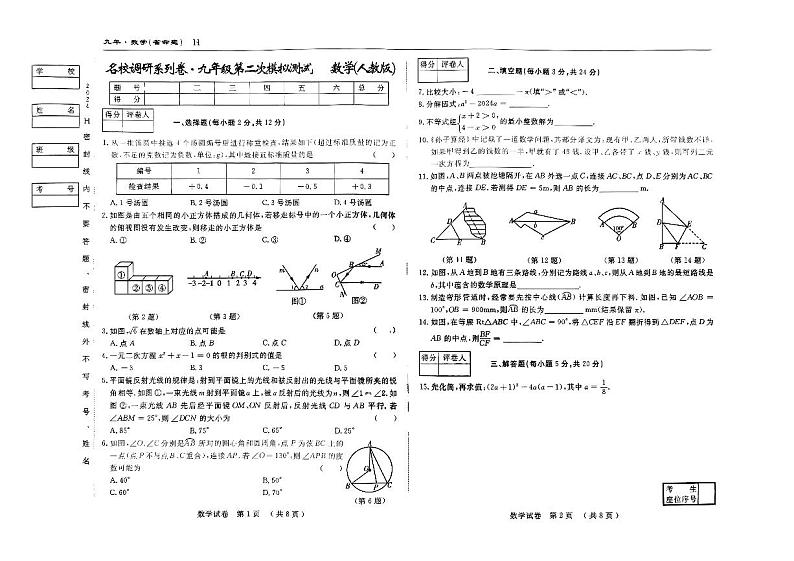 70，吉林省四平市伊通满族自治县2023-2024九年级下学期第二次模拟考试数学试卷01