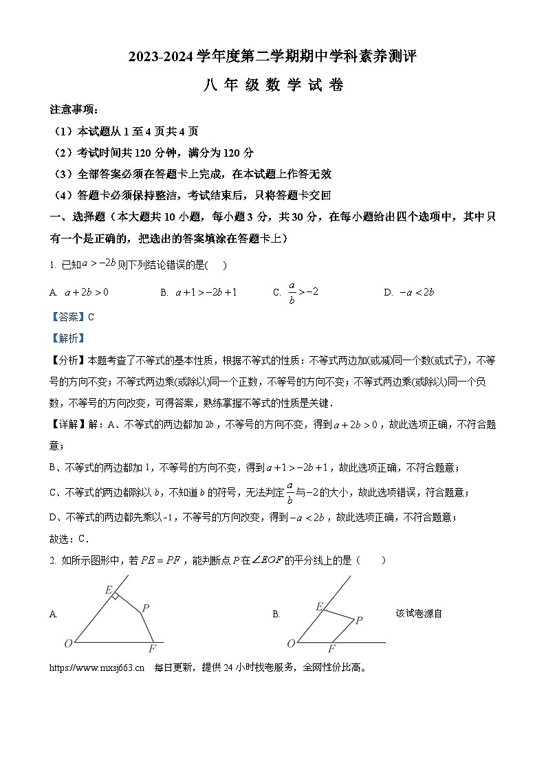 广东省茂名市化州市2023-2024学年八年级下学期期中数学试题01