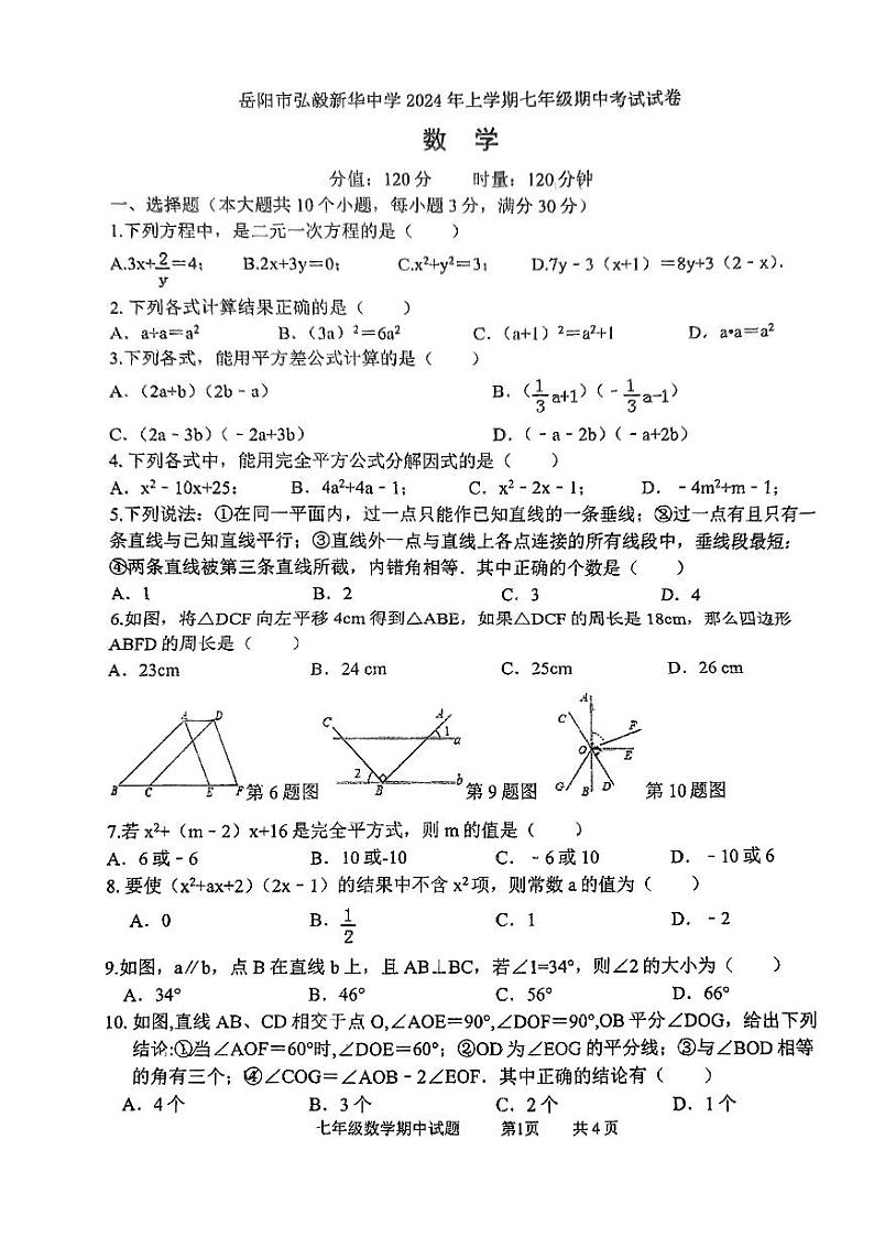 湖南省岳阳市弘毅新华中学2023-2024学年七年级下学期期中考试数学试卷第1页