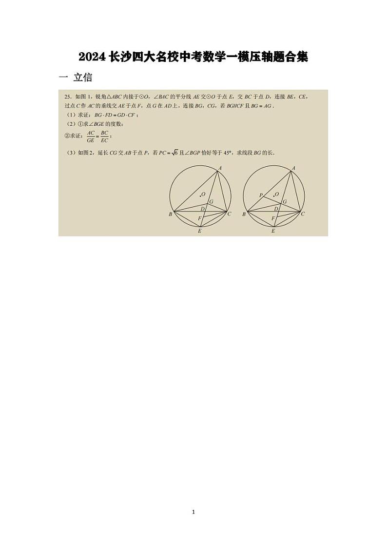 2024长沙四大名校中考数学一模压轴题合集第1页