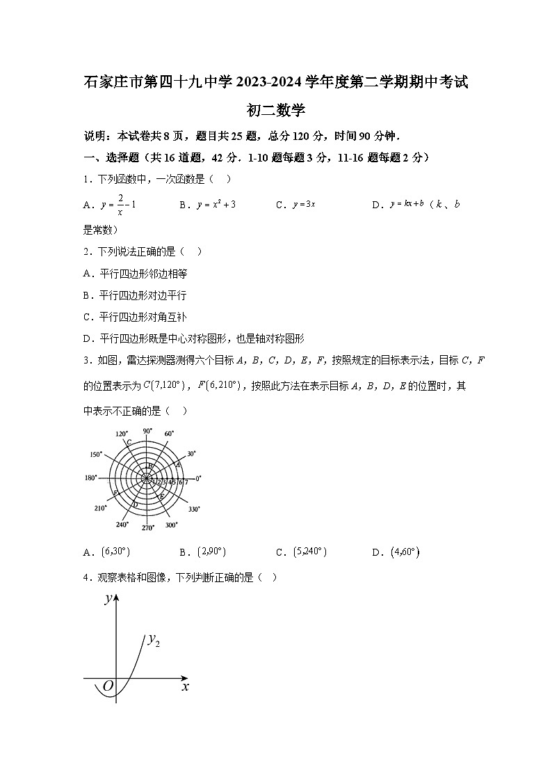 河北省石家庄市第四十九中学2023-2024学年八年级下学期期中数学试题（含解析）第1页