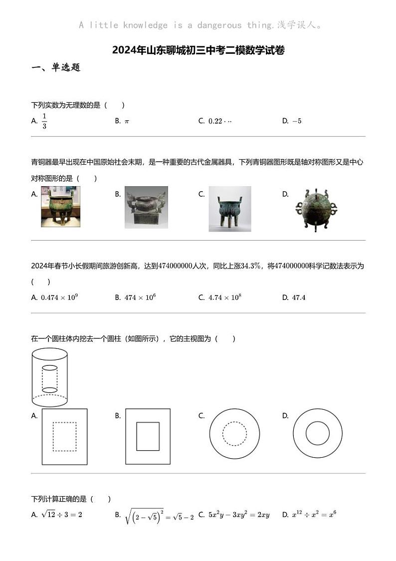 2024年山东聊城初三中考二模数学试卷01
