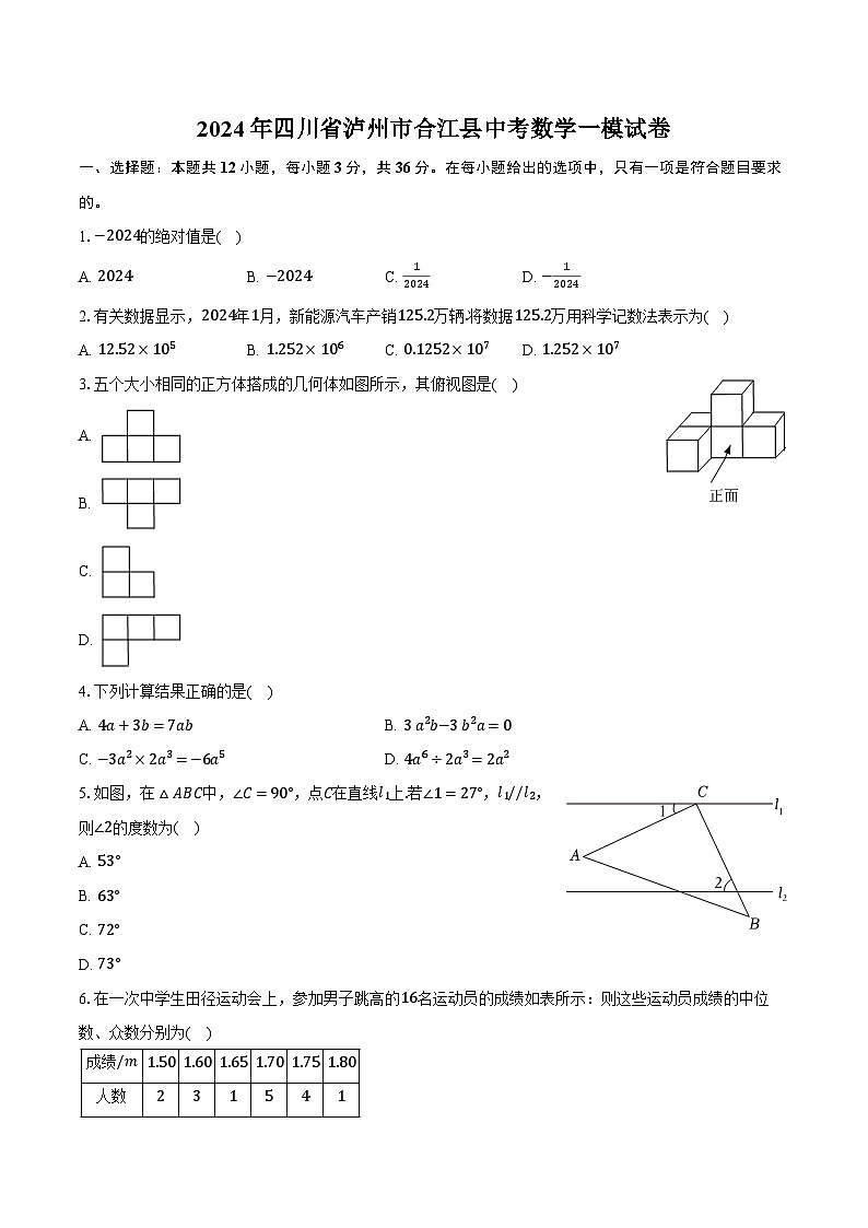2024年四川省泸州市合江县中考数学一模试卷（含解析）第1页