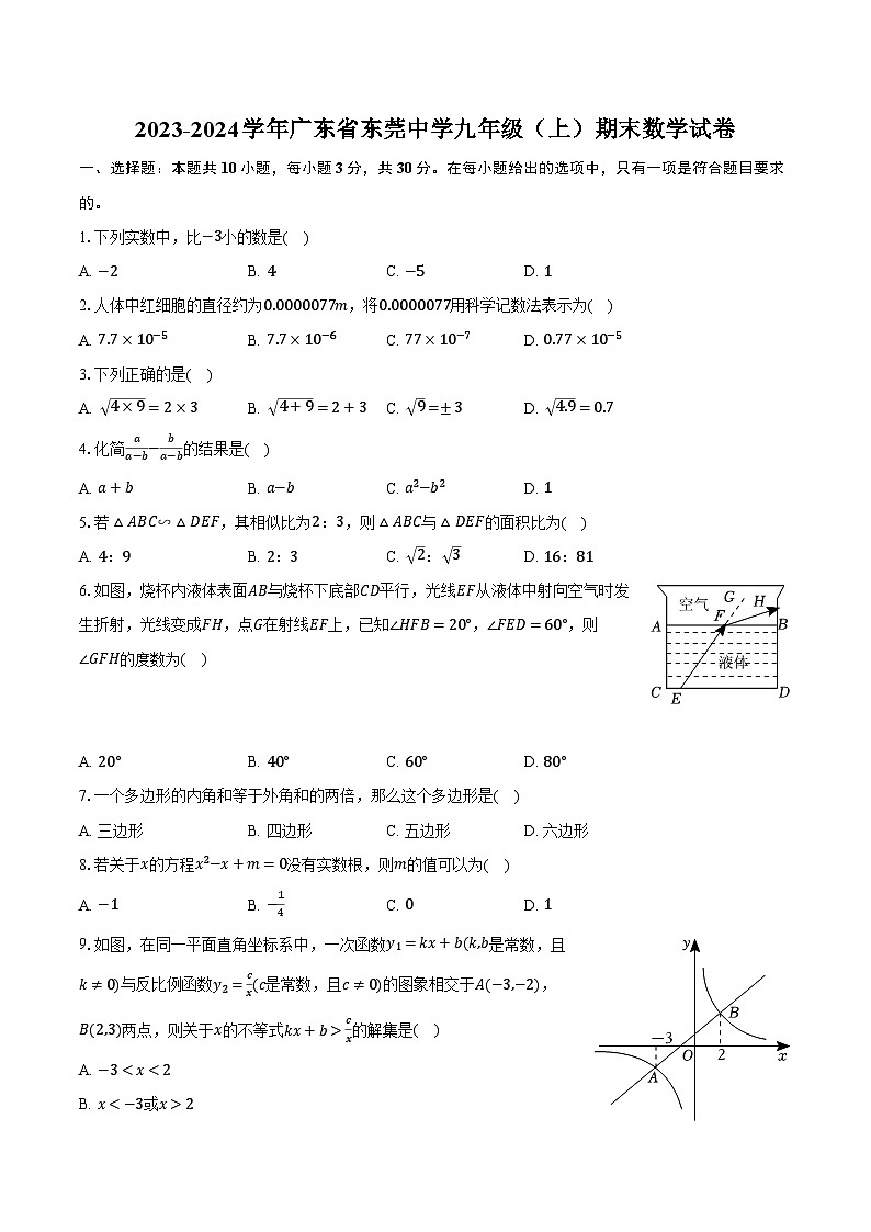 2023-2024学年广东省东莞中学九年级（上）期末数学试卷（含解析）01