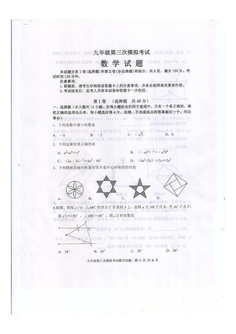 2024年山东省泰安市新泰市中考三模数学试题第1页