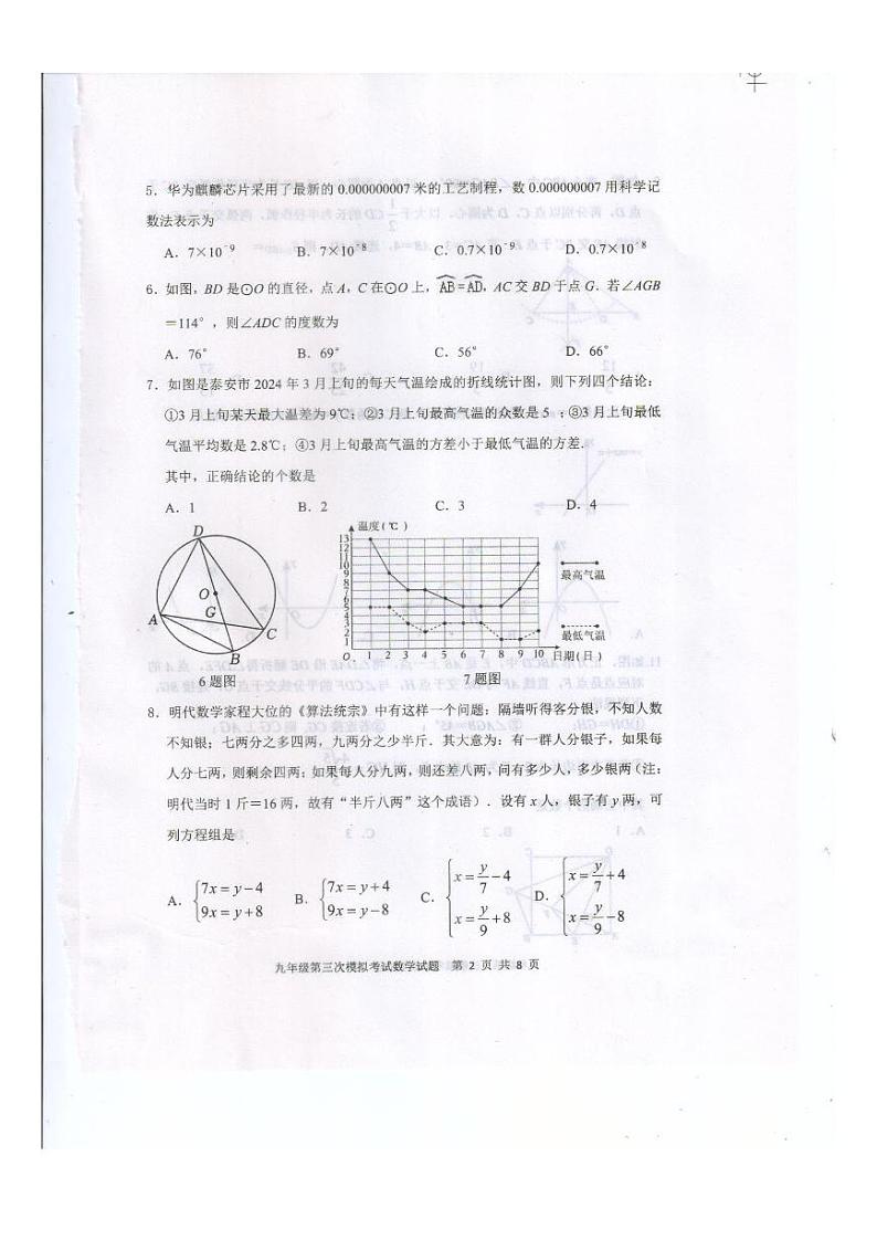 2024年山东省泰安市新泰市中考三模数学试题第2页
