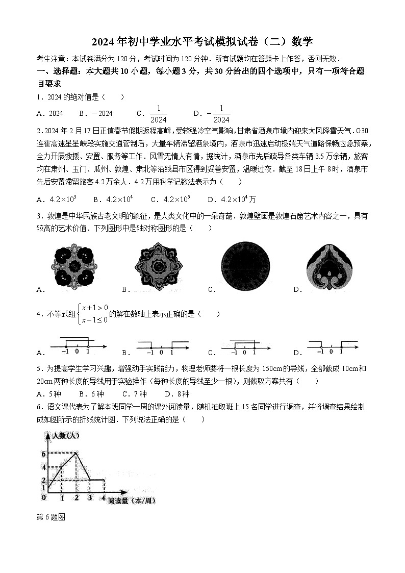 2024年甘肃省酒泉市初中学业水平考试模拟二模数学试题01