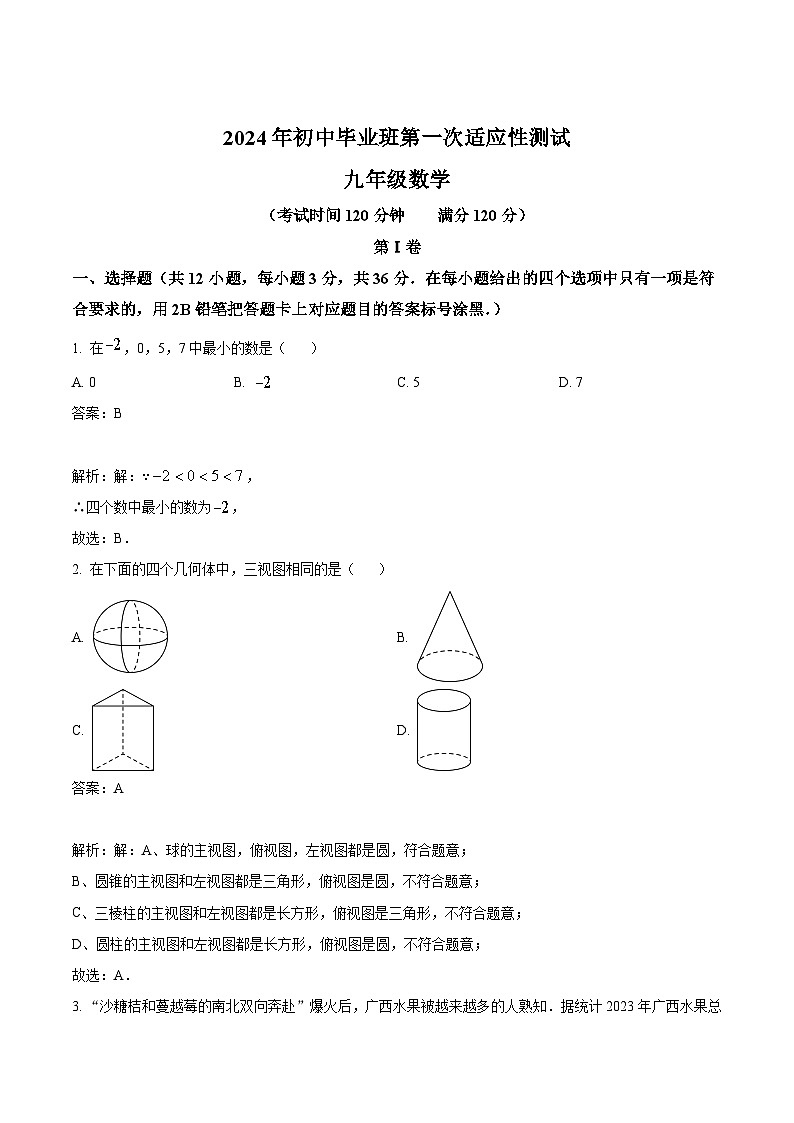 广西2024届九年级下学期第一次适应性测试数学试卷(含解析)01