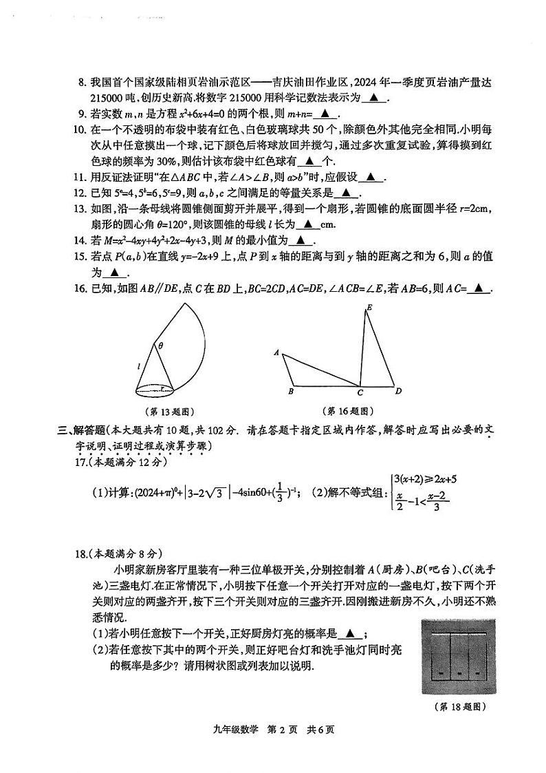 2024年江苏省泰州市靖江市中考二模数学试题第2页