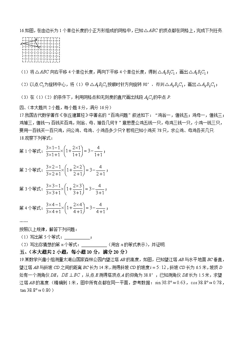 2024年安徽省六安市霍邱县中考模拟数学试题03