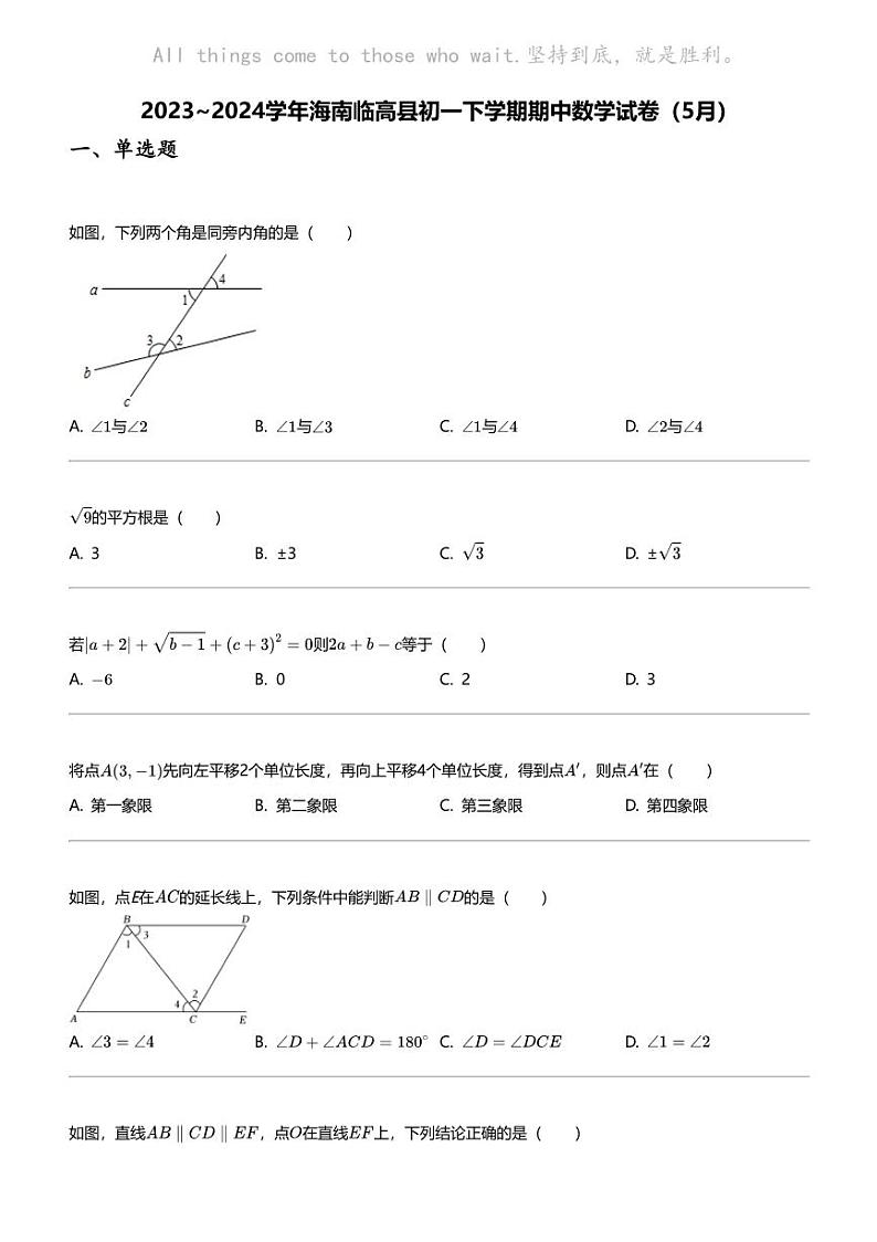 2023_2024学年海南临高县初一下学期期中数学试卷（5月）01