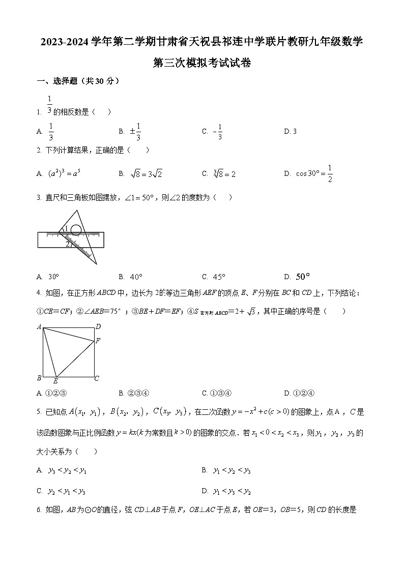 2024年甘肃省武威市天祝藏族自治县祁连中学联片教研中考三模数学试题（原卷版+解析版）01