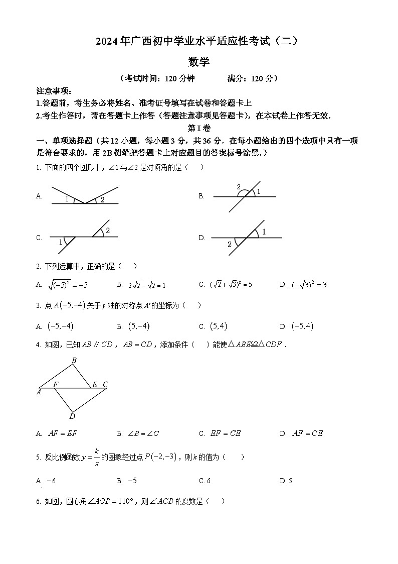 2024年广西壮族自治区百色市田阳区中考一模数学试题（原卷版+解析版）01